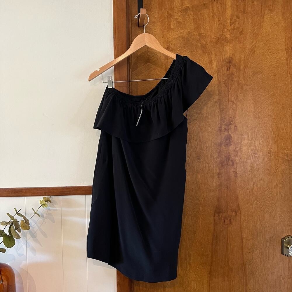 MADEWELL‎ Silk One-Shoulder Ruffle Mini Shift Dress Black Pockets NWT Women's 0 - Picture 4 of 9